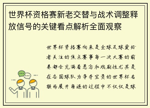 世界杯资格赛新老交替与战术调整释放信号的关键看点解析全面观察